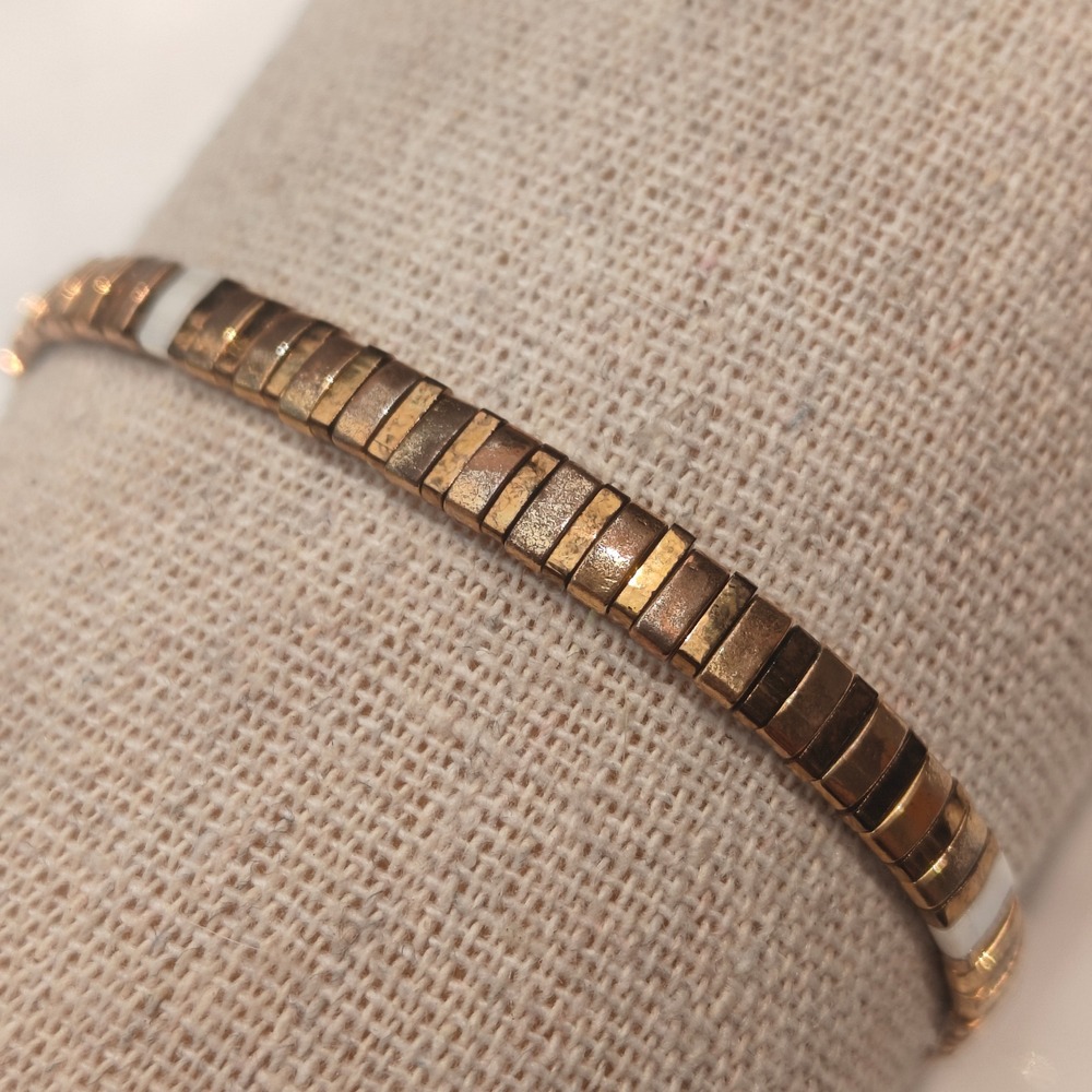 Serefina Gold Tone White Enamel Tile Stretch Bracelet Square Bead Modern Boho
